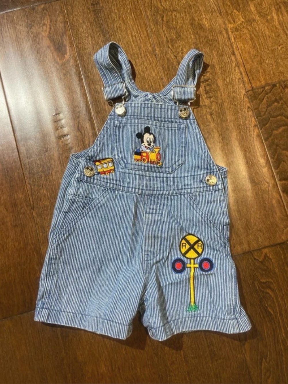 Vintage Mickey Mouse overalls stripes SZ 12M blue railroad train